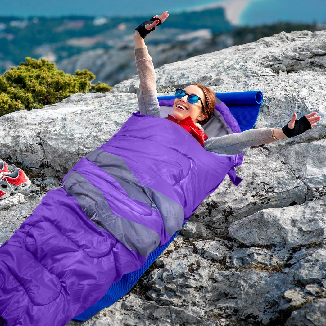 Mountview -20°C Outdoor Camping Thermal Sleeping Bag in purple, showcasing its water-repellent exterior and comfortable design.